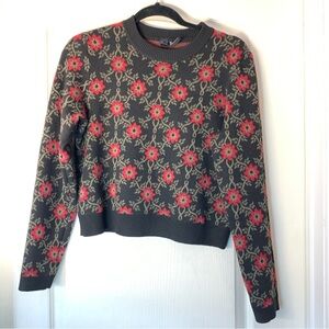 Simons Icone Black and Red Crop Knit Sweater size L Floral